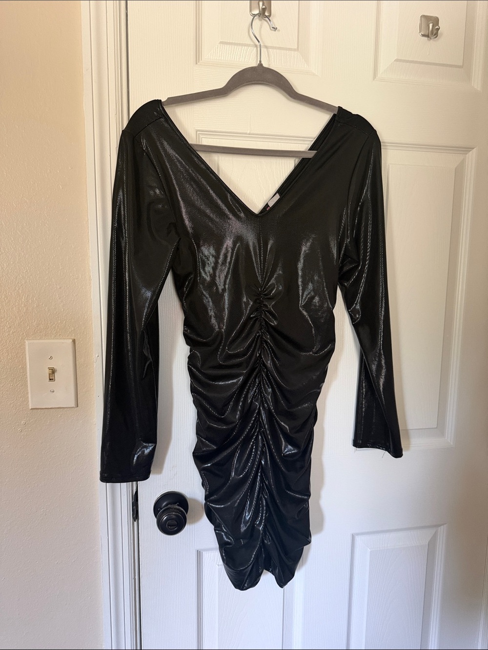 Fred Shimmery Black Ruched V-Neck Long Sleeve Dress